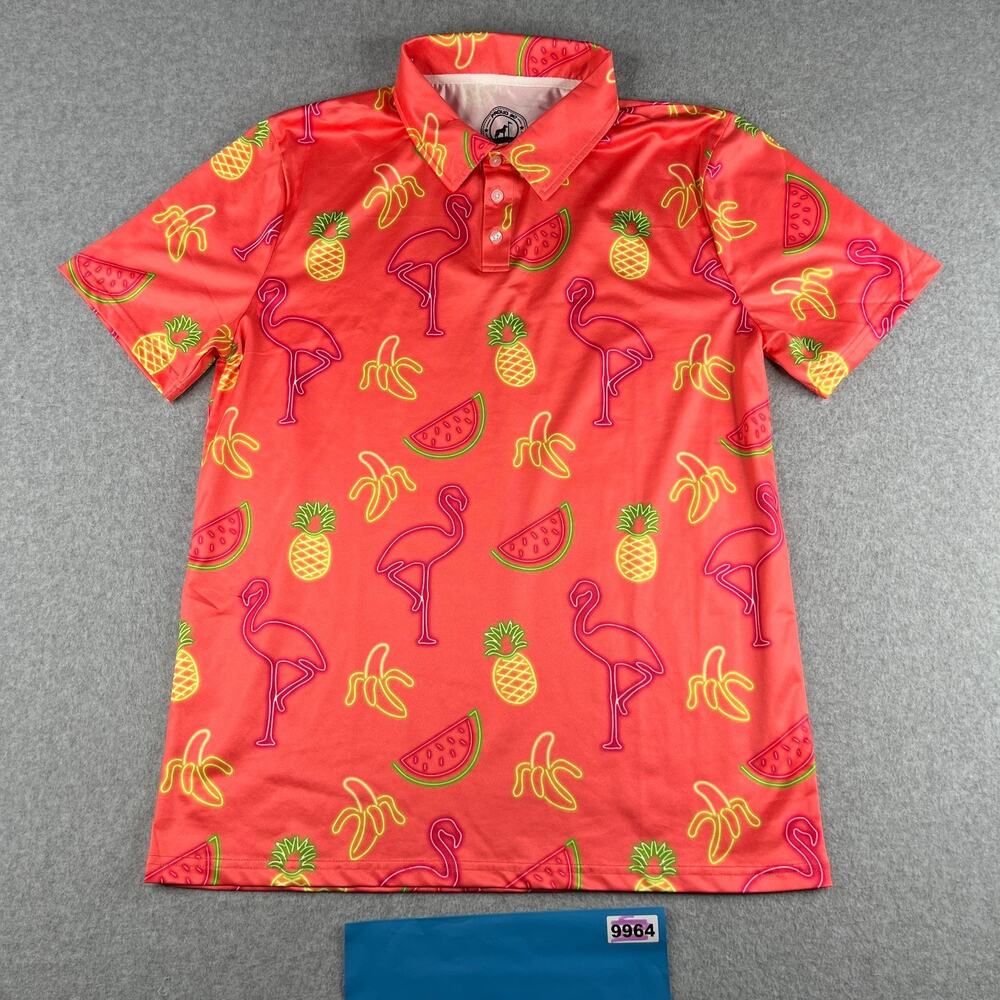 Proud 90 Golf Polo Shirt Medium Pink Performance Flamingo Fruit All Over Print